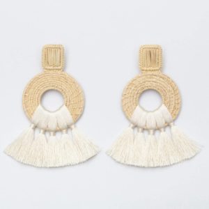 handmade white statement earrings with dangle tassels